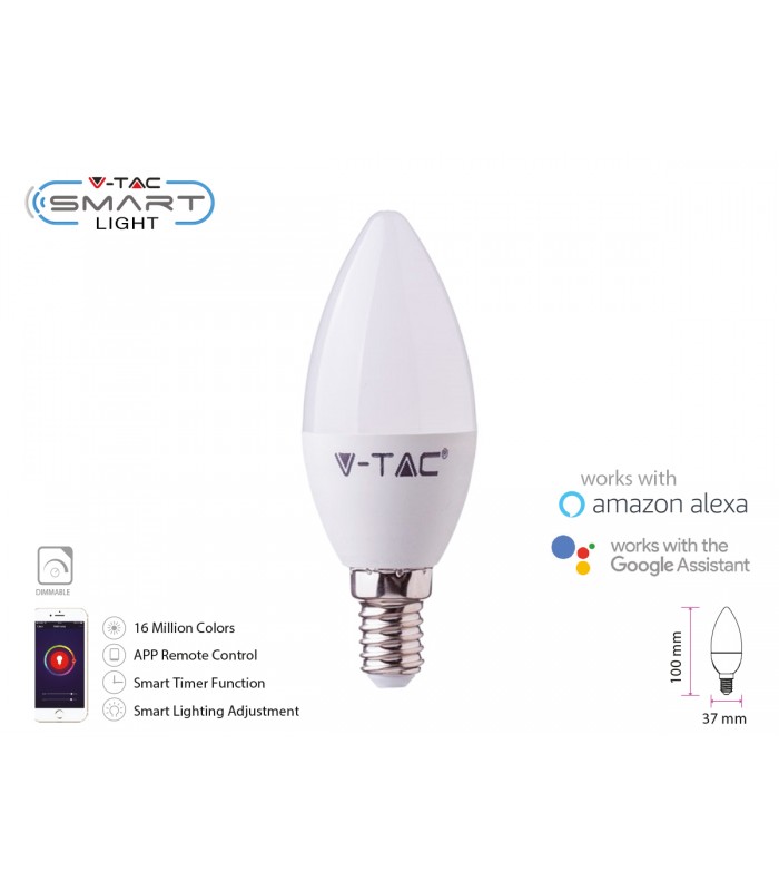 V-TAC Smart Lampada Led Candela E14 C37 4,5W WiFi RGB CCT Dimmerabile APP  Compatible  Alexa Google Home SKU-2754 - Expo Light s.r.l.